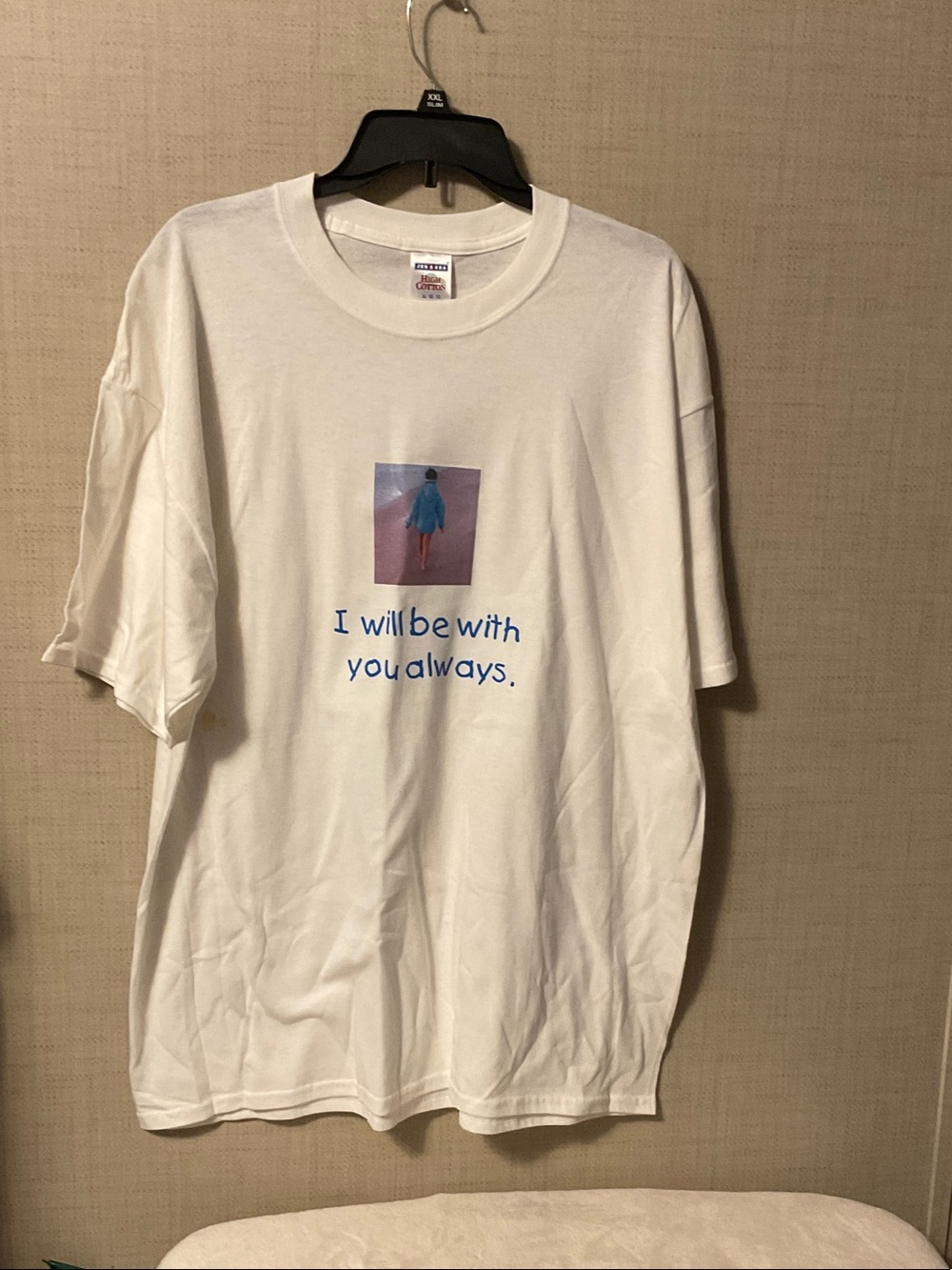 Jerzees White Short Sleeve Tee with Blue Graphic Text